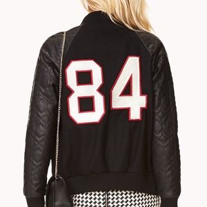 Faux leather bomber jacket, varsity style